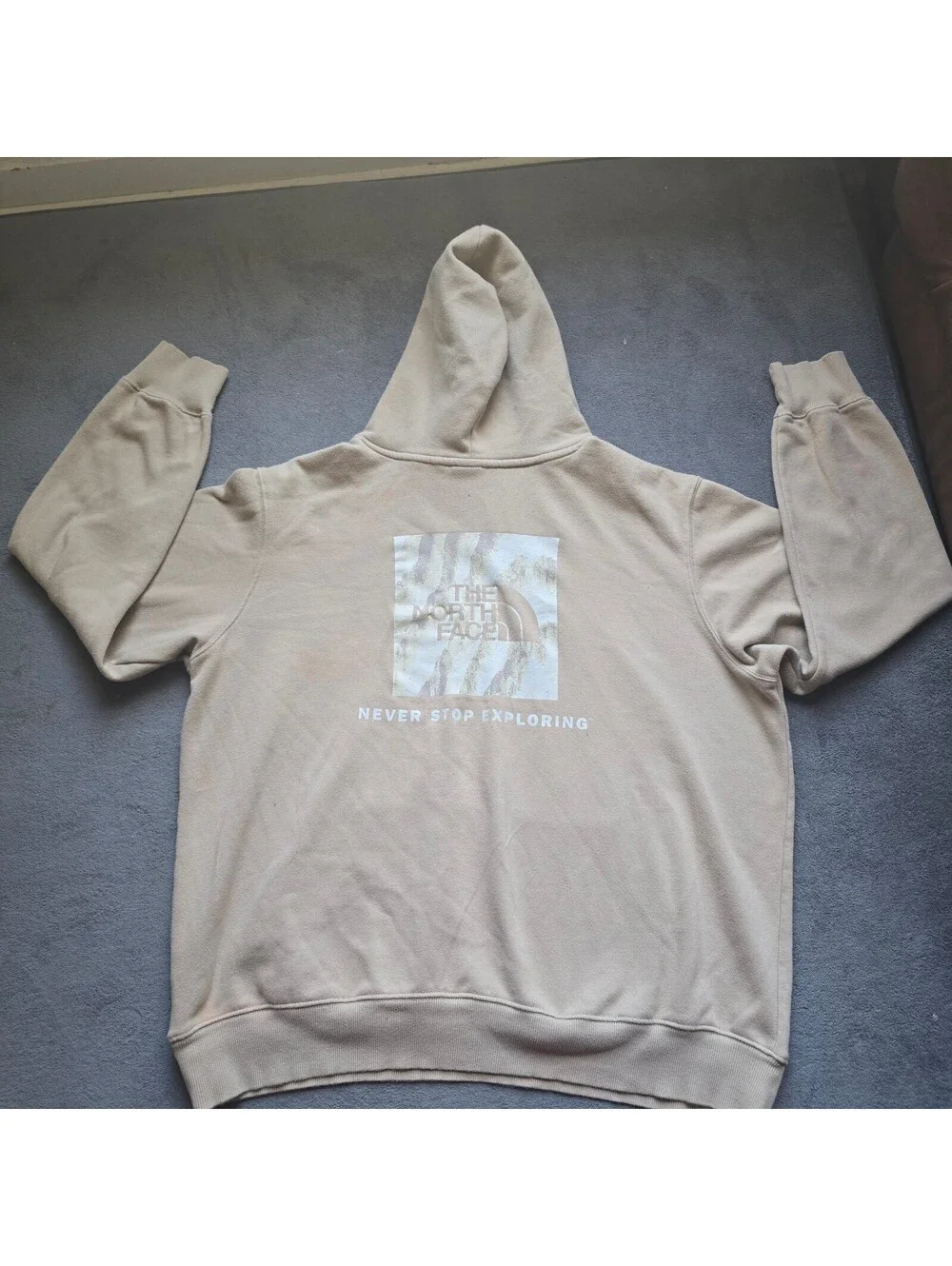 The North Face Tan Beige Pullover Hoodie Sweatshirt Mens XL Small Chest Logo